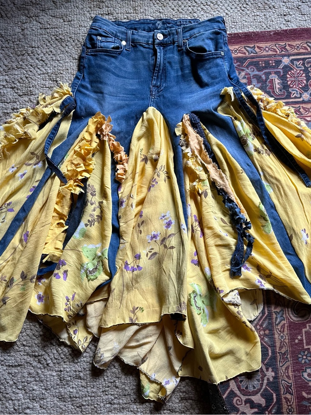 7 For All Mankind Yellow Floral Asymmetrical Skirt with Denim High Waist - Picture 8 of 8